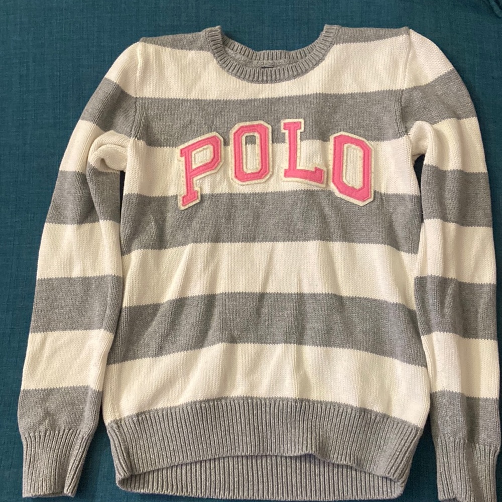 Girls Polo Gray and White Stripes Sweater